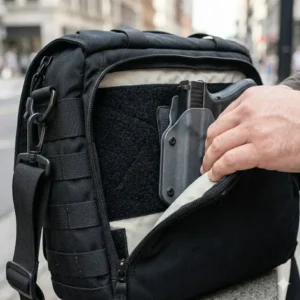 The hook and loop lining system inside a ccw messenger bag for secure holster placement.