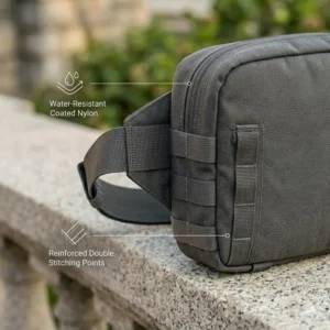 Alt Text 4: Illustration highlighting the water-resistant tactical fabric used in this ccw crossbody bag men.