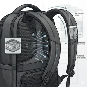 Close-up of the breathable mesh padding and ergonomic shoulder straps on a 16 in laptop backpack.