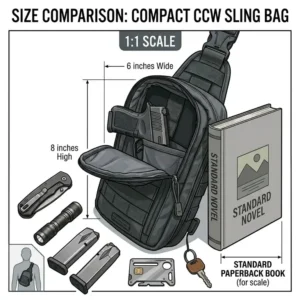 Dimensions and scale comparison of a small concealed carry sling bag next to a book.