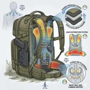 Illustration of ergonomic load distribution for a heavy tactical backpack with gun holster.