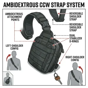 Diagram of the ambidextrous strap system on a small concealed carry sling bag.