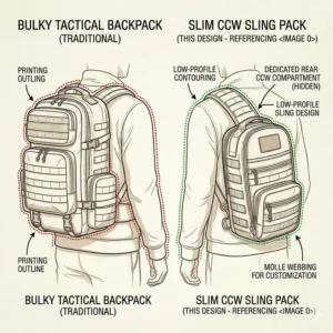 A side-view illustration comparing a bulky backpack to a slim, low-profile ccw sling pack.