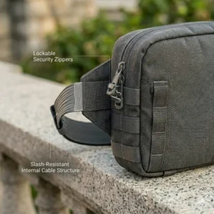 Alt Text 5: Diagram of the anti-theft zippers and slash-resistant straps on a modern ccw crossbody bag men.