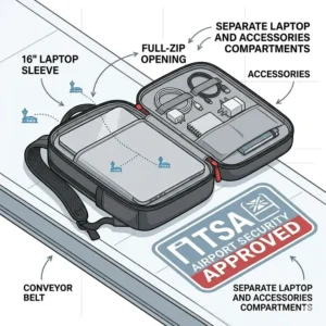 A 16 in laptop backpack opened flat for TSA airport security checkpoints.