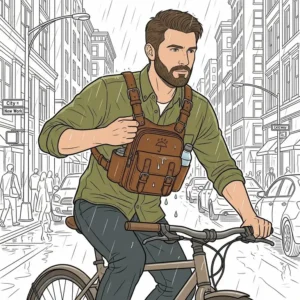 An urban commuter cycling in the rain while wearing a waterproof holster man bag.