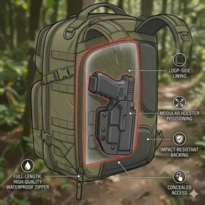 A cutaway view of the hidden CCW compartment in a tactical backpack with gun holster.
