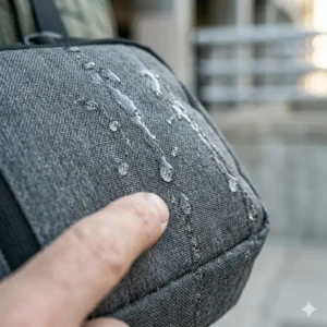 Water droplets beading off the rugged, water-resistant nylon fabric of the best ccw sling bag.