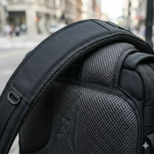Detailed view of the breathable mesh padding and shoulder strap on a ccw messenger bag.