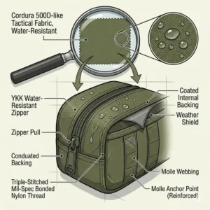 Close-up illustration of water-resistant fabric and YKK zippers on a tactical ccw sling pack.