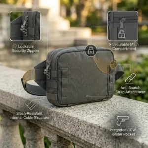 Alt Text 6: Size comparison and everyday carry capacity guide for a compact ccw crossbody bag men.