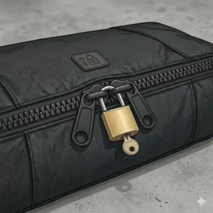 Close-up of lockable heavy-duty zippers on secure gun bags for men to ensure firearm safety.