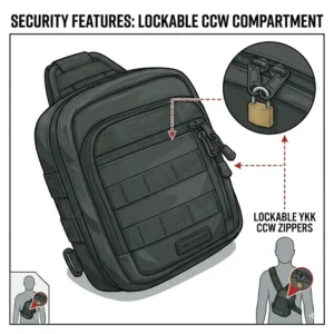 Close-up of the heavy-duty lockable zippers on a small concealed carry sling bag.