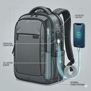 Diagram of an external USB charging port on the side of a 16 in laptop backpack for mobile devices.