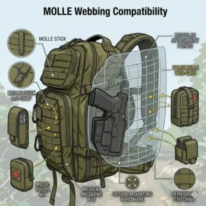 Graphic showing MOLLE webbing compatibility on the exterior of a tactical backpack with gun holster.