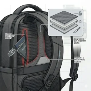 Illustration highlighting a hidden anti-theft pocket on the back panel of a 16 in laptop backpack.