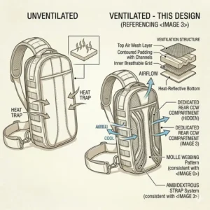 Illustration of the 3D mesh padded back panel on a ccw sling pack designed for ventilation.