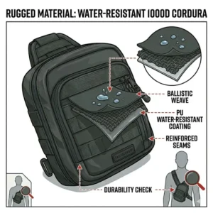 Technical view of the water-resistant fabric used for a small concealed carry sling bag.