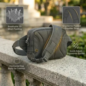 Alt Text 7: Close-up of the breathable 3D mesh padding on the back of a comfortable ccw crossbody bag men.