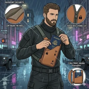 A minimalist holster man bag designed to securely hold a passport and travel documents.