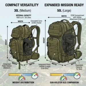 Size comparison chart for different capacities of a tactical backpack with gun holster.