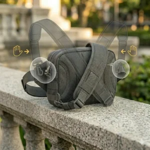 Alt Text 8: Visual guide showing how to switch the shoulder strap for an ambidextrous ccw crossbody bag men setup.