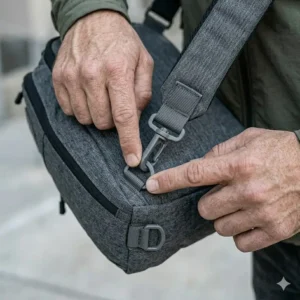 Diagram showing how the straps of the best ccw sling bag can be adjusted for both left-handed and right-handed shooters.