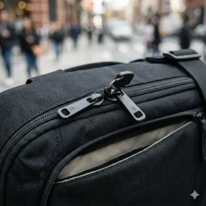 Demonstrating the heavy-duty locking zippers on the main compartment of a ccw messenger bag.
