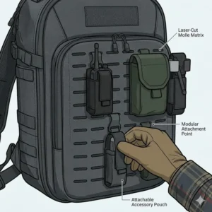 Illustration of laser-cut Molle webbing on the front of a ccw sling pack for extra attachments.