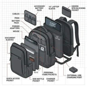 An exploded view showing various pockets in a 16 in laptop backpack for tablets, chargers, and accessories.