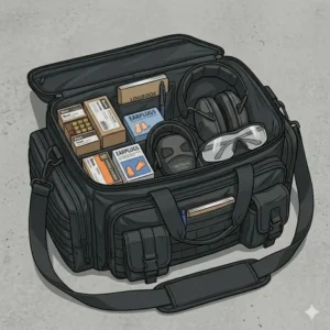 An organized range accessories gun bags for men filled with shooting ear protection and ammo boxes.