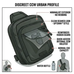A sleek and discreet urban profile of a small concealed carry sling bag for everyday use.