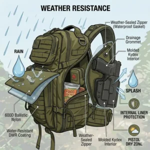 Infographic showing the 600D water-resistant material of a tactical backpack with gun holster.