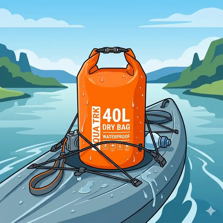 A vibrant illustration of a 40 liter dry bag in orange, sitting on a grey kayak during a river trip.