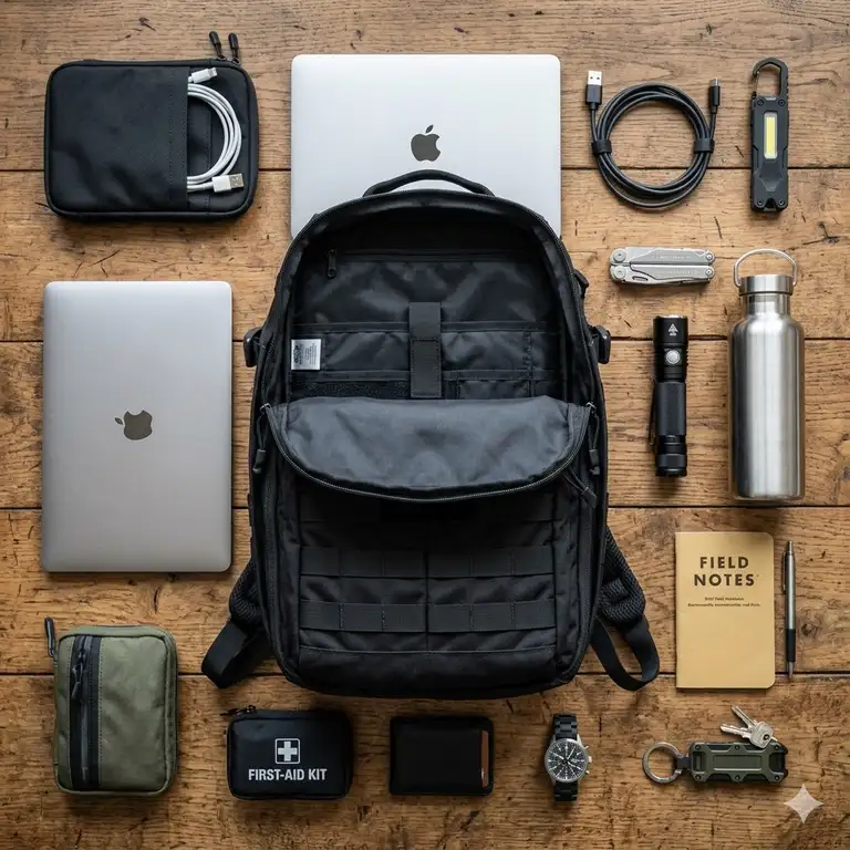 A top-down view of an open black edc backpack surrounded by neatly organized everyday carry gear like a laptop, flashlight, and notebook.