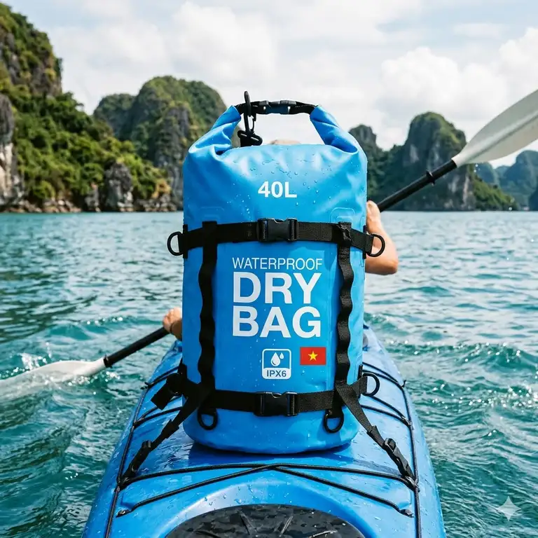 A premium 40l dry bag secured on a kayak in the middle of a scenic bay.