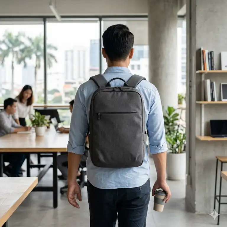A person wearing a sleek minimal laptop backpack in a modern office setting.