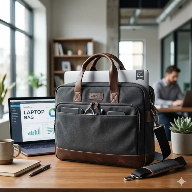 A professional businessman carrying one of the best 16 inch laptop bags in a modern office setting.