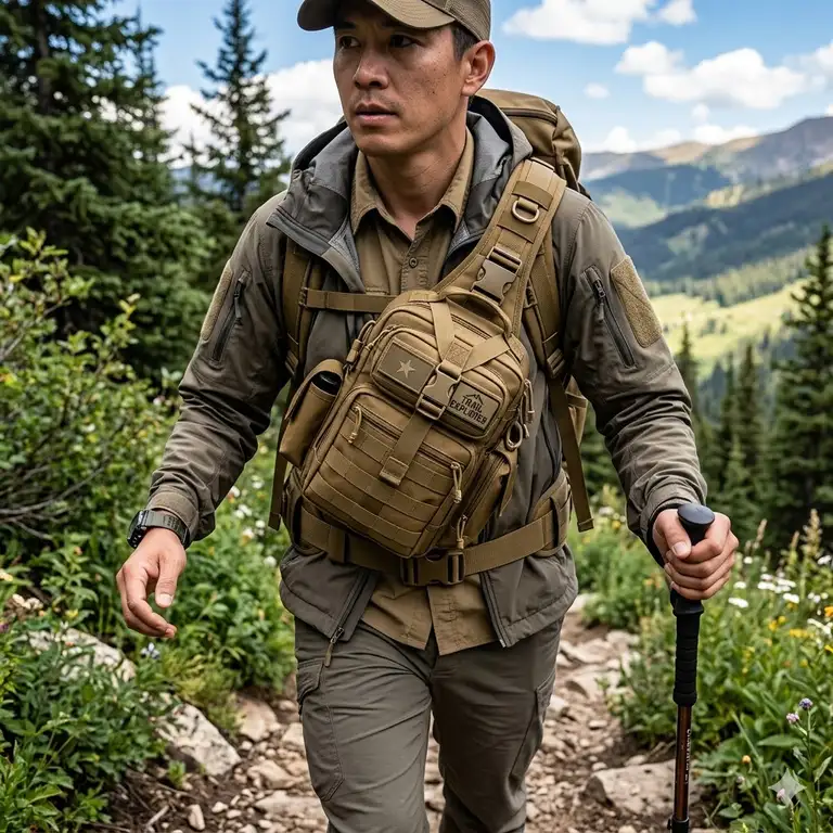 A hiker wearing a coyote brown tactical sling bag while trekking through a rugged outdoor trail.