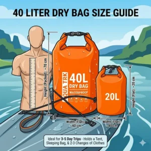 An illustrative size guide comparing the orange 40 liter dry bag to a 20L bag and a human torso.