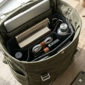 Side-by-side comparison of a messy rucksack versus an organized interior using a gray felt backpack organizer insert.