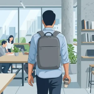 Rear view of a person commuting with a grey minimal laptop backpack.