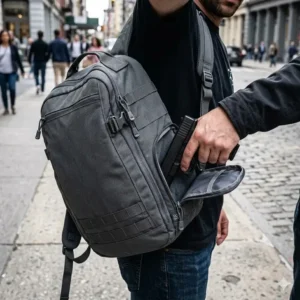 Interior view of a concealed carry backpack showing the hook and loop lining designed to securely attach modular holsters.
