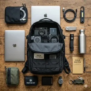 Detailed illustration showing the interior organization pockets and mesh compartments of a modern edc backpack.