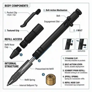 An anatomical illustration of an everyday carry pen, showing the internal bolt mechanism, spring, and refill cartridge.