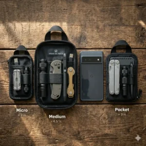 Side by side size comparison of micro, medium, and pocket sized edc pouch models next to a smartphone for scale.