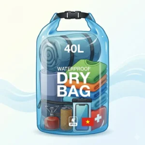 A size guide showing various travel gear items fitting inside a 40l dry bag.