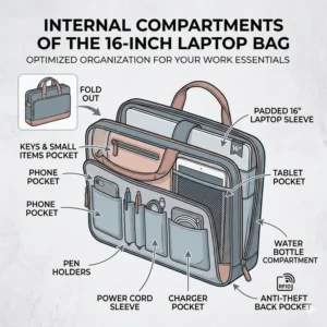 Detailed diagram showing the internal padded compartments and organizer pockets of 16 inch laptop bags.
