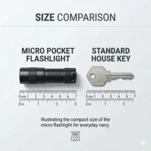 A detailed size comparison of a micro pocket flashlight next to a standard house key.