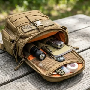 A detailed look inside the open pockets of a tactical sling bag, displaying well-organized gear including a flashlight and notebook.